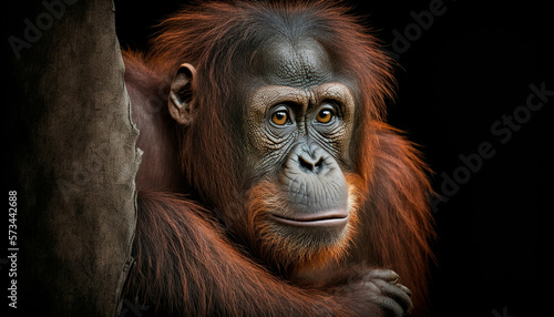 Orangutan close up isolated black created with Generative Ai technology © Marco