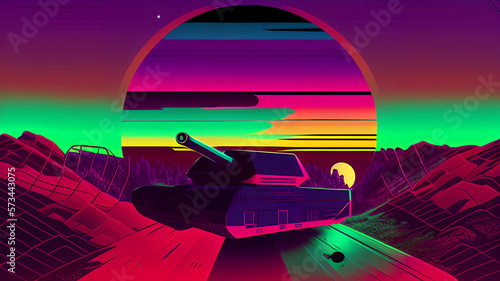 Illustration of a Tank in Synthwave Style / Neon Style on a graphical background