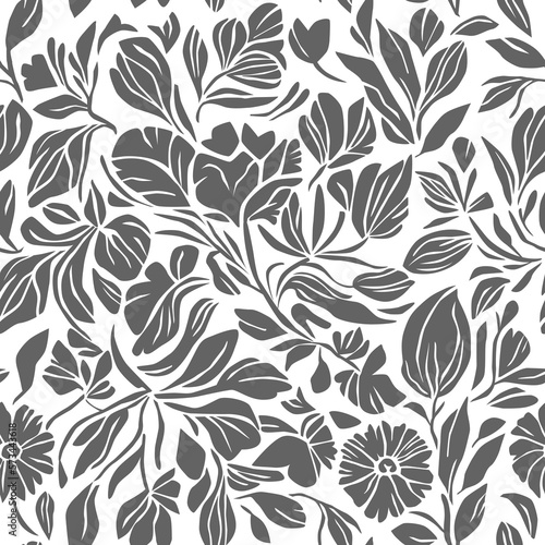 Black and white floral pattern, seamless vector illustration. Abstract Leaves, branches