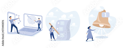 Remarketing or behavioral retargeting in digital advertising, Customer rating,  ringing the big bell with notification number, set flat vector modern illustration
