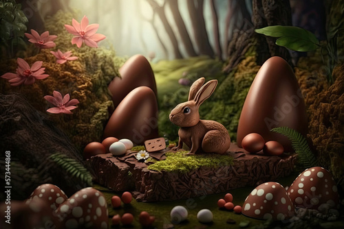 Print op canvas easter bunny with chocolate eggs in the forest, Generative AI