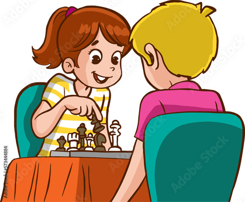 cute kids playing chess cartoon vector