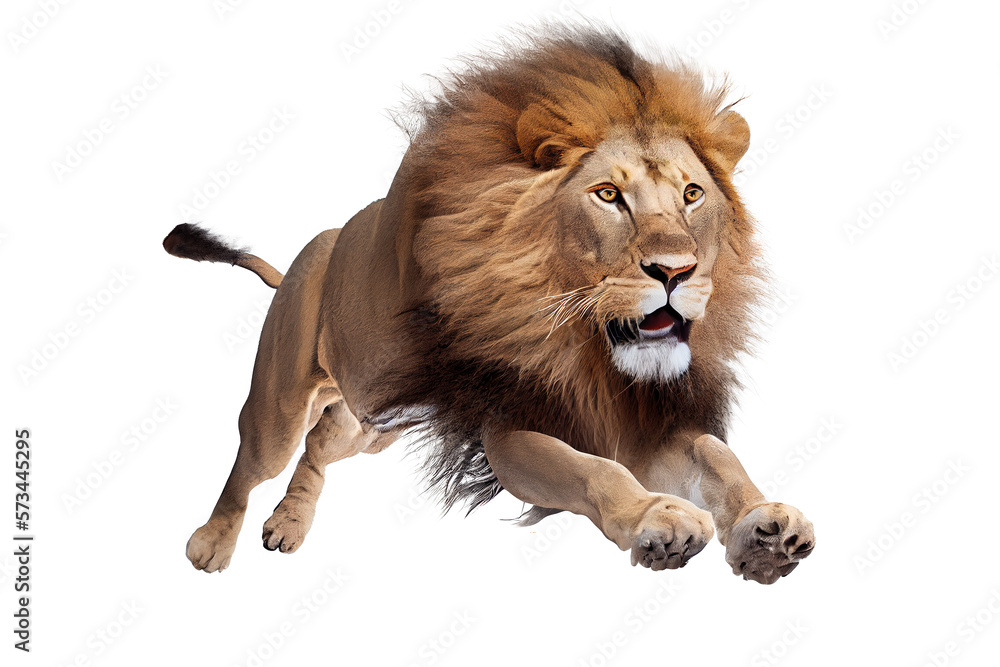 jumping lion isolated on background - obrazy, fototapety, plakaty 