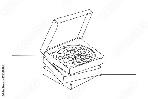 Continuous single one line drawing art of delicious hand holding sliced cheese pizza. Vector illustration of restaurant menu fast food.