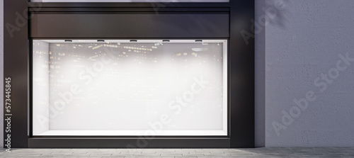 Front view on dark wall background with place for your advertising poster near empty shop window with space for your product presentation in modern building area outdoors. 3D rendering, mockup