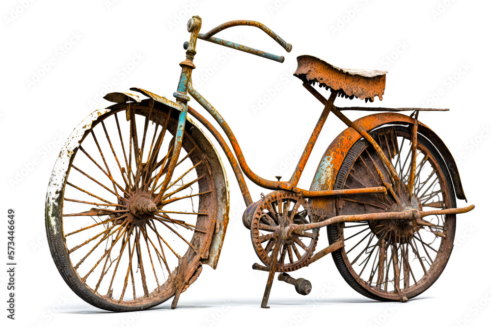 A rusty bicycle isolated on white background  - Generative AI