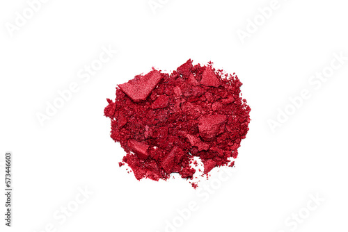Red eye shadow swatch isolated on white. Crushed shimmering red eye shadow texture.