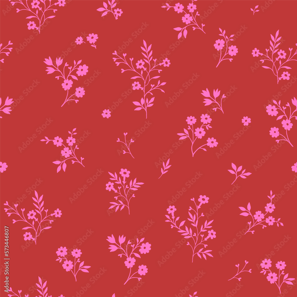 A pattern of silhouettes of purple flowers on a red background.
