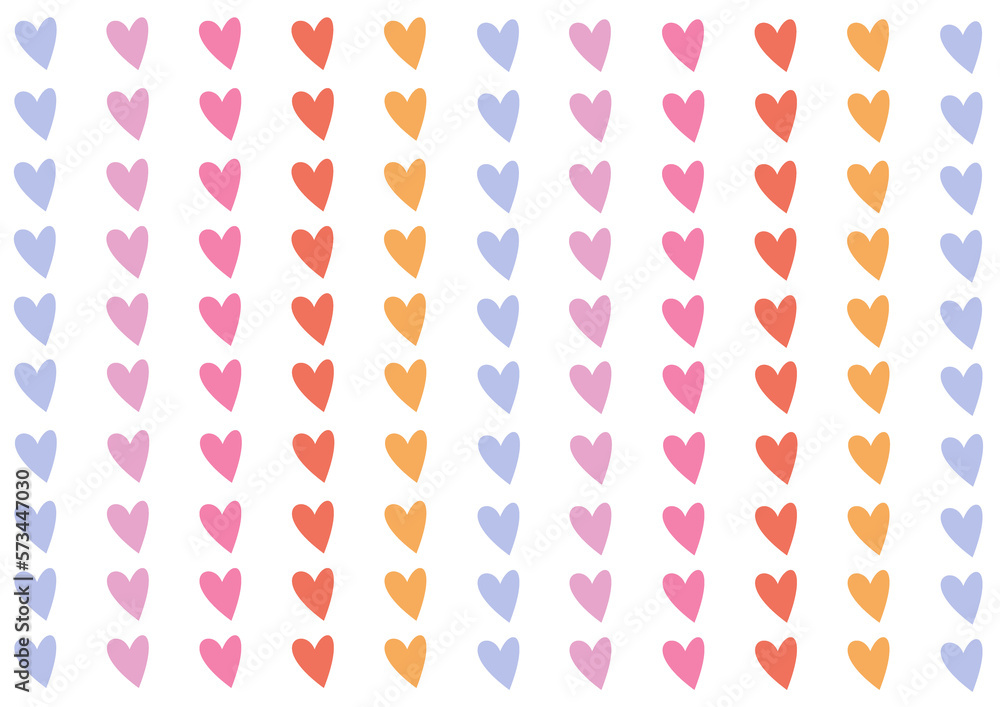 Abstract handmade heart pattern background. Heart pastel color pattern background. Cute seamless pattern with violet, pink, red and orange heart shaped confetti in pastel colors.