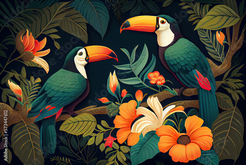 Toucans on colorful background with plants created with AI  © thejokercze