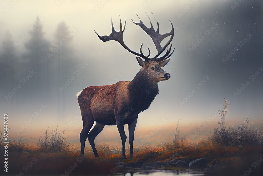 Deer in misty morning forest created with AI Deer in misty morning forest created with AI