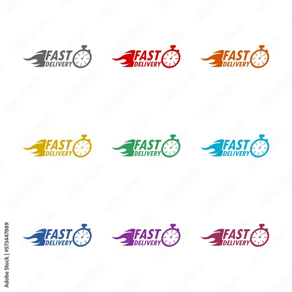 Fast delivery with timer icon isolated on white background. Set icons colorful Fast delivery with timer icon isolated on white background. Set icons colorful