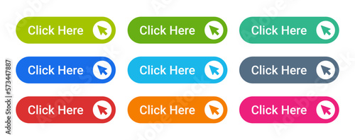 Click here vector button colorful and modern design set isolated with cursor icon.