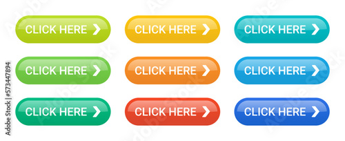 Button click here vector set for web design. Collection of colorful and trendy buttons with arrow.