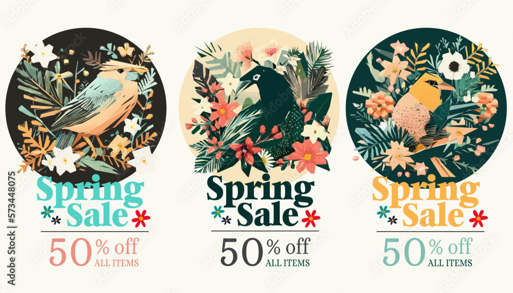 Spring sale illustration set with tropical flowers and birds. Vector illustration.