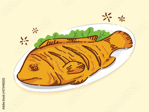 Fried fish with vegetables on a plate, Food hand drawn isolated on white background, vector illustration.