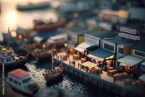 Macro View From the fish market in Tiny Little Town City before Sunset Time. Generative ai.