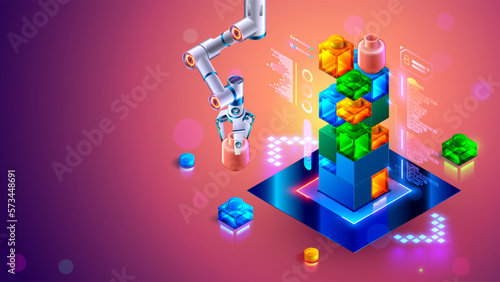 Children training of creating computer programs of games. Tech education of kids. Children's learning of programming, coding, AI, robototechnics, computer technology. Online science course banner.