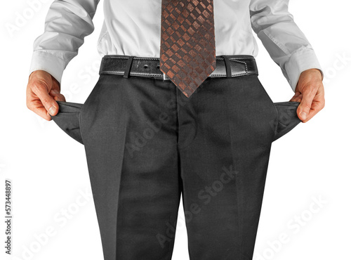 Bankrupt business man showing empty pockets hands. png transparent