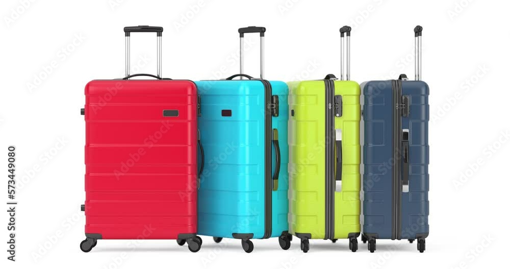 4k Resolution Video: Multicolored Сartoon Modern Suitcases on a white background with Alpha Matte 4k Resolution Video: Multicolored Сartoon Modern Suitcases on a white background with Alpha Matte