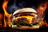 Grilled burger with cheese. BBQ food on grid. Flames and smoke on dark background. Generative AI