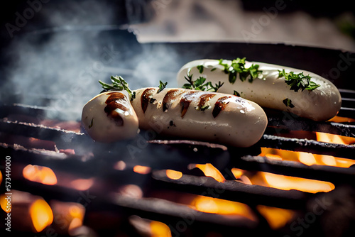 White sausages on BBQ grill grid. Grilled food with herbs and spices. Fire, flames and smoke on dark background. Generative Ai