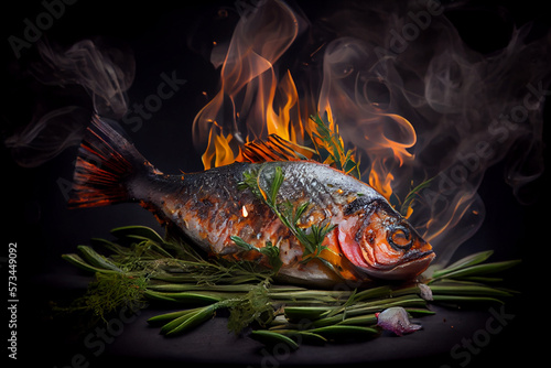 Grilled fish fillet on BBQ grid. Flames, fire and smoke on dark background. Generative AI