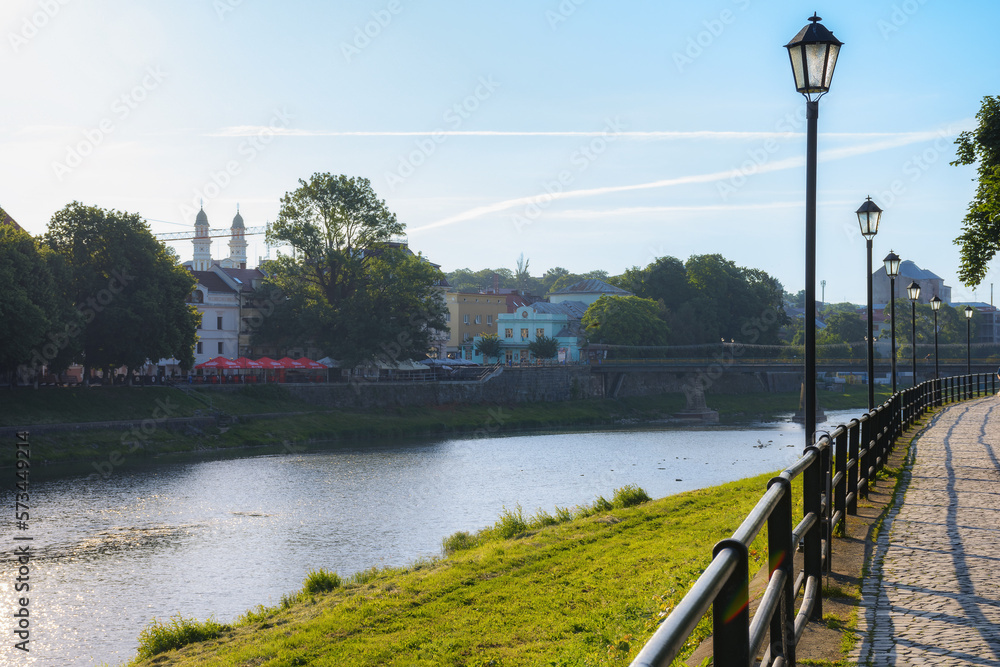 embankment of the old town with lanterns. outdoor scenery of downtown in morning light