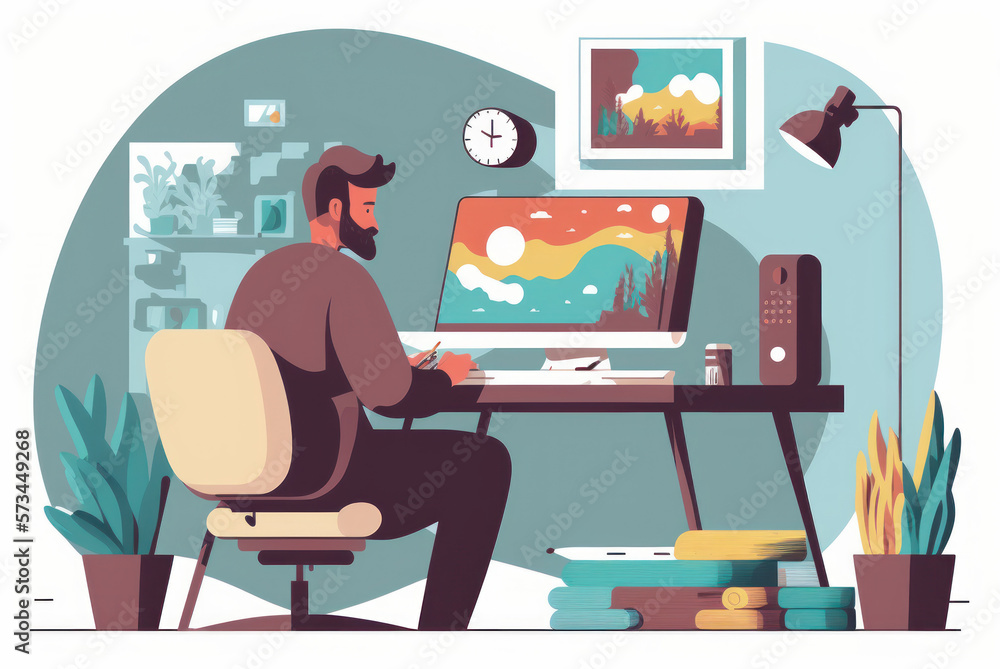 Man working on desk with laptop productive work. Flat design. Generative ai. Man working on desk with laptop productive work. Flat design. Generative ai.