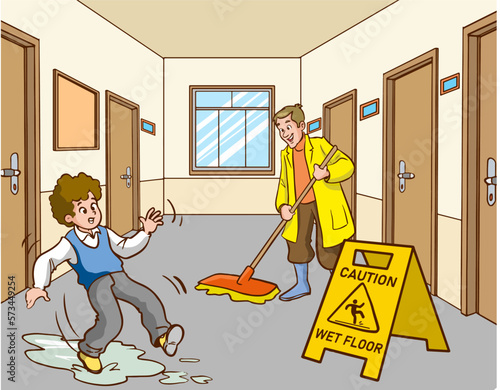 boy slipping on wet floor cartoon vector 