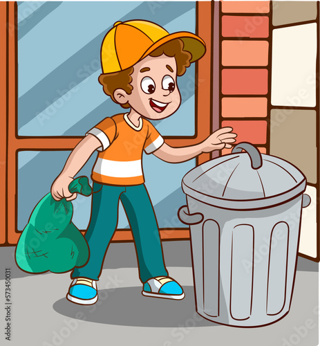 vector illustration of boy throwing garbage.Young boy carry garbage in plastic bag for eliminate in the bin 