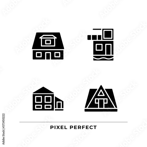 Vacation property black glyph icons set on white space. Bungalow rent. Summer holiday villa. Real estate purchase. Silhouette symbols. Solid pictogram pack. Vector isolated illustration