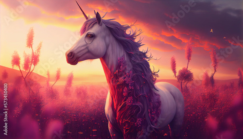 Unicorn in a field of flowers with beautiful sun, generative ai © TheGoldTiger