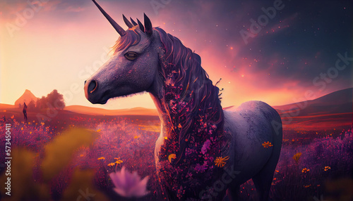 Unicorn in a field of flowers with beautiful sun  generative ai