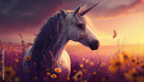 Unicorn in a field of flowers with beautiful sun, generative ai