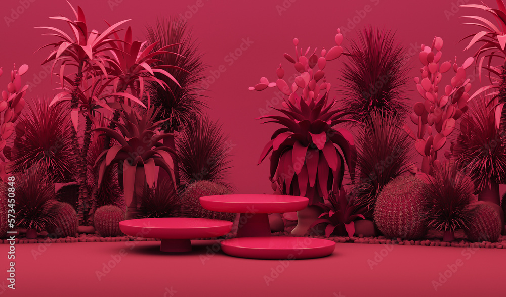 Obraz premium Viva magenta is a trend colour year 2023. Abstract 3D room with viva magenta color geometric pedestal podium and tropical trees. 3d render