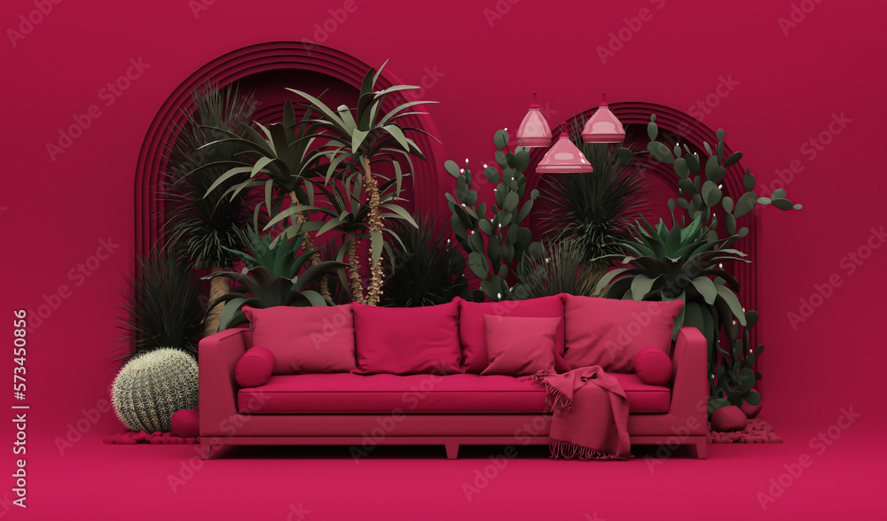 Viva magenta is a trend colour year 2023 in the living room. plain