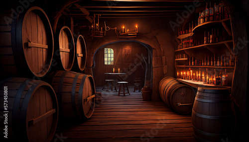 Alcohol barrel room interior with barrels  generative ai