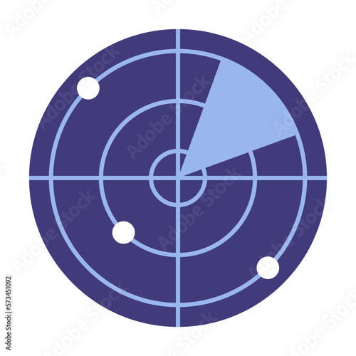 Radar monitor  black and blue round monitor. Isolated vector pictogram on white background.