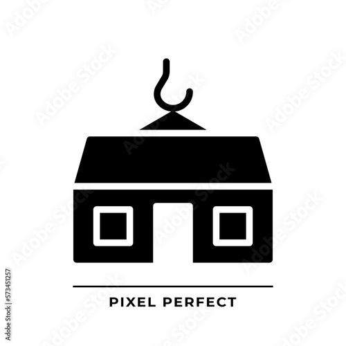 Modular home black glyph icon. Prefabricated house. Movable compact building. Property purchase. Real estate. Silhouette symbol on white space. Solid pictogram. Vector isolated illustration