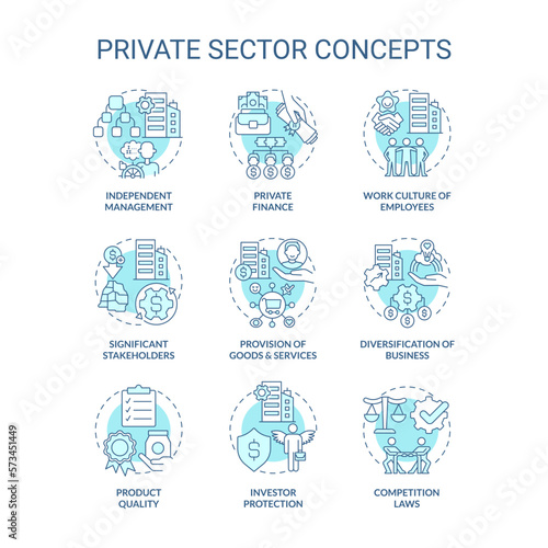 Private sector turquoise concept icons set. Business ownership. Economics industry idea thin line color illustrations. Isolated symbols. Editable stroke. Roboto-Medium, Myriad Pro-Bold fonts used
