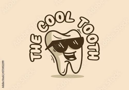 The tooth mascot character with smiling face wearing a glasses