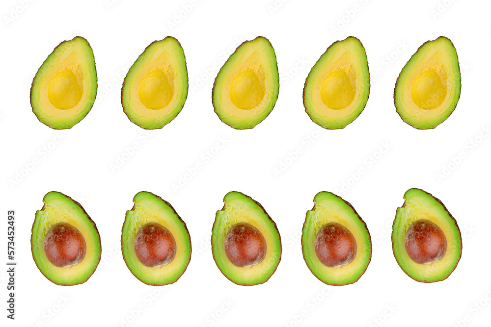 whole and half avocado isolated on white background close-up. whole and half avocado isolated on white background close-up.