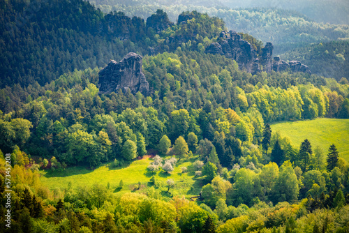 Blooming small apple trees garden in Saxon Switzerland National Park. Colorful spring scene of Germany, Saxony, Europe. Beauty of nature concept background.