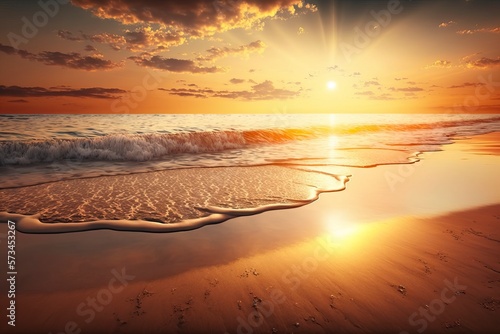 Closeup sea sand beach. Panoramic beach landscape. Inspire tropical beach seascape horizon. Orange and golden sunset sky calmness tranquil relaxing sunlight summer mood
