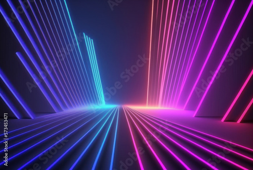 3d rendering neon light abstract ultraviolet background, dynamic glowing lines blue pink laser rays fashion stage background. Generative ai.