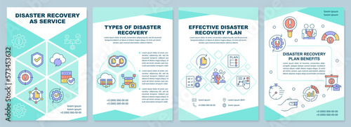 Disaster recovery as service brochure template. Leaflet design with linear icons. Editable 4 vector layouts for presentation, annual reports. Arial-Black, Myriad Pro-Regular fonts used