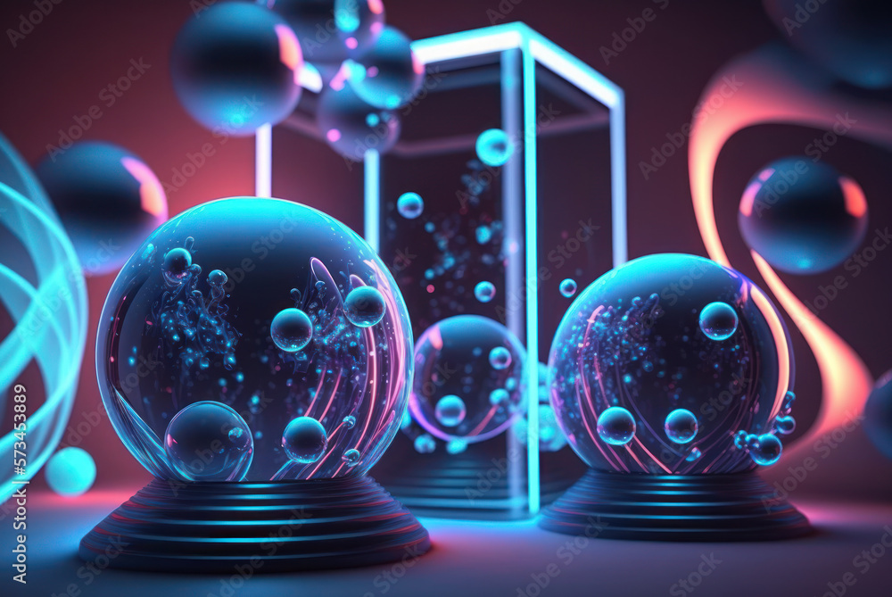 3D render realistic neon lights lines and bubbles background vector design illustration. Generative ai. 3D render realistic neon lights lines and bubbles background vector design illustration. Generative ai.