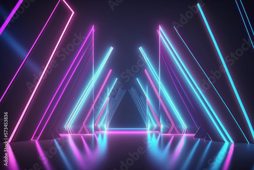 3d rendering neon light abstract ultraviolet background, dynamic glowing lines blue pink laser rays fashion stage background. Generative ai.