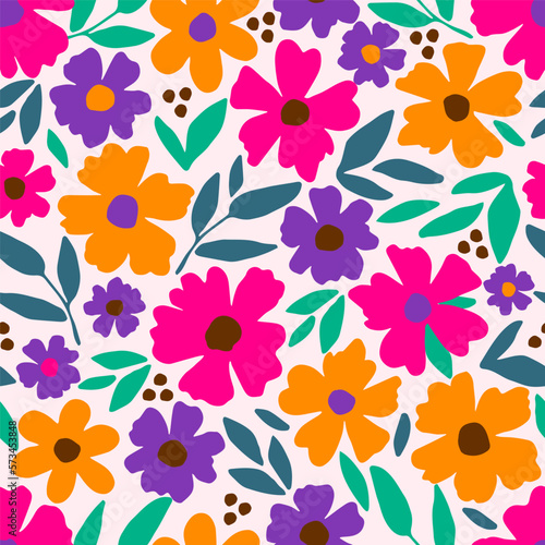 Bright floral vector seamless pattern. Purple, orange, pink flowers, green leaves on a white background. For prints of fabrics, textile products, clothing. © MaxNadya